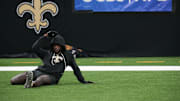 Oct 5, 2025; New Orleans, Louisiana, USA;  New Orleans Saints running back Alvin Kamara (41) warms up prior to the game against the New York Giants at Caesars Superdome. Mandatory Credit: Matthew Hinton-Imagn Images
