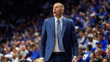Nov 4, 2025; Lexington, Kentucky, USA; Kentucky Wildcats head coach Mark Pope calls out a play during the first half against the Nicholls Colonels at Rupp Arena at Central Bank Center. Mandatory Credit: Jordan Prather-Imagn Images