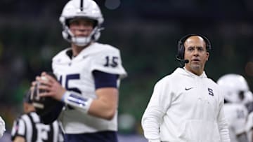 Penn State Nittany Lions head coach James Franklin watches quarterback Drew Allar (15) 