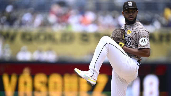 Jul 14, 2024; San Diego, California, USA; San Diego Padres starting pitcher Randy Vasquez (98) warms up before the game against the Atlanta Braves at Petco Park. Mandatory Credit: Orlando Ramirez-USA TODAY Sports