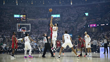 Apr 20, 2025; Cleveland, Ohio, USA; Cleveland Cavaliers center Jarrett Allen (31) jumps for the opening tip against the Miami Heat in the first quarter at Rocket Arena. Mandatory Credit: David Richard-Imagn Images