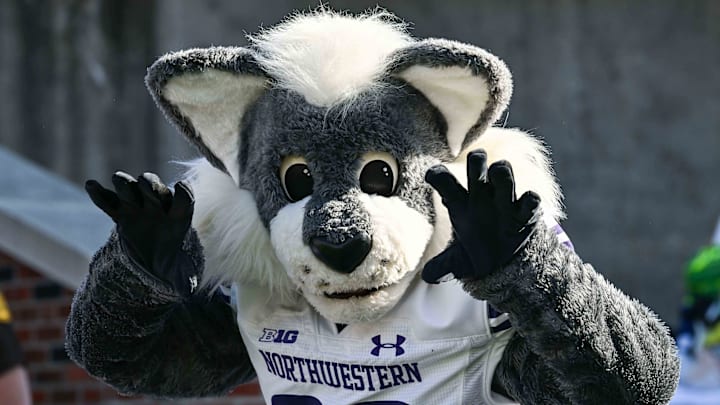 The Northwestern Wildcats mascot Willie the Wildcat in action during the game against the Iowa Hawkeyes at Kinnick Stadium.