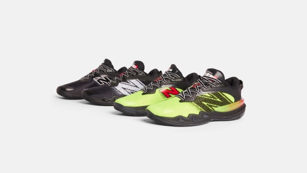 Multi-color New Balance basketball shoes.