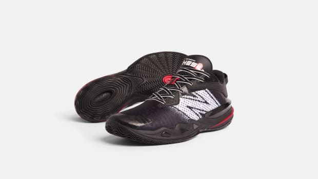 Black and red New Balance basketball shoes.