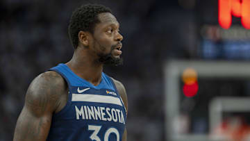 May 14, 2025; Minneapolis, Minnesota, USA; Minnesota Timberwolves forward Julius Randle (30) looks on against the Golden State Warriors in the first half during game five of the second round for the 2025 NBA Playoffs at Target Center. Mandatory Credit: Jesse Johnson-Imagn Images