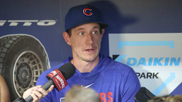 Jun 28, 2025; Houston, Texas, USA; Chicago Cubs manager Craig Counsell (11) is interviewed in the dugout before the game against the Houston Astros at Daikin Park. 