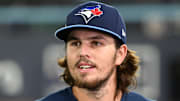 Oct 31, 2025; Toronto, Ontario, CAN; Toronto Blue Jays third baseman Addison Barger (47) speaks to media before game six of the 2025 MLB World Series against the Los Angeles Dodgers at Rogers Centre. Mandatory Credit: Dan Hamilton-Imagn Images