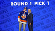 Jun 27, 2025; Los Angeles, California, USA; Matthew Schaefer is selected as the first overall pick to the New York Islanders in the first round of the 2025 NHL Draft at Peacock Theater. Mandatory Credit: Kirby Lee-Imagn Images