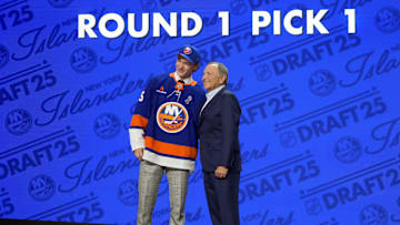 Jun 27, 2025; Los Angeles, California, USA; Matthew Schaefer is selected as the first overall pick to the New York Islanders in the first round of the 2025 NHL Draft at Peacock Theater. Mandatory Credit: Kirby Lee-Imagn Images