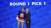 Jun 27, 2025; Los Angeles, California, USA; Matthew Schaefer is selected as the first overall pick to the New York Islanders in the first round of the 2025 NHL Draft at Peacock Theater. Mandatory Credit: Kirby Lee-Imagn Images