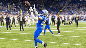 Sep 28, 2025; Detroit, Michigan, USA; Detroit Lions cornerback Rock Ya-Sin (23) warms up before the game against the Cleveland Browns at Ford Field. Mandatory Credit: David Reginek-Imagn Images