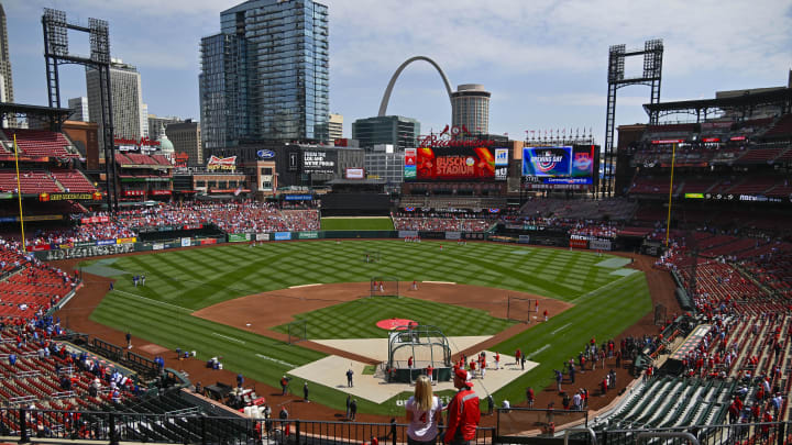 Mar 30, 2023; St. Louis, Missouri, USA;  A general view as fans watch batting practice from the seats before an opening day game between the St. Louis Cardinals and the Toronto Blue Jays at Busch Stadium. Mandatory Credit: Jeff Curry-USA TODAY Sports