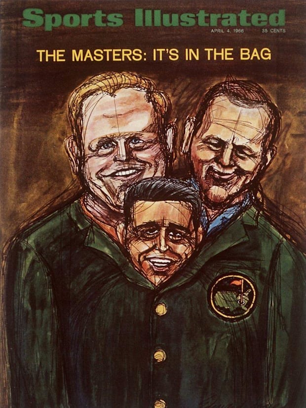 Sports Illustrated cover previewing 1966 Masters with Jack Nicklaus, Arnold Palmer and Gary Player