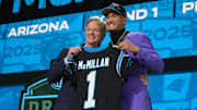 NFL commissioner Roger Goodell and Carolina wide receiver Tetairoa McMillan.
