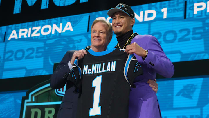 NFL commissioner Roger Goodell and Carolina wide receiver Tetairoa McMillan. NFL commissioner Roger Goodell and Carolina wide receiver Tetairoa McMillan.