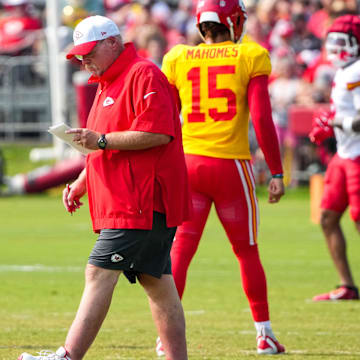 Jul 26, 2024; Kansas City, MO, USA; Kansas City Chiefs head coach Andy Reid walks during training camp at Missouri Western State University. Mandatory Credit: Denny Medley-Imagn Images