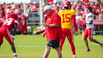 Jul 26, 2024; Kansas City, MO, USA; Kansas City Chiefs head coach Andy Reid walks during training camp at Missouri Western State University. Mandatory Credit: Denny Medley-USA TODAY Sports