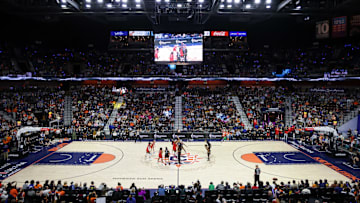 A general view of the tipoff between the Indiana Fever and the Connecticut Sun during game two of the first round of the 2024 WNBA Playoffs at Mohegan Sun Arena. 