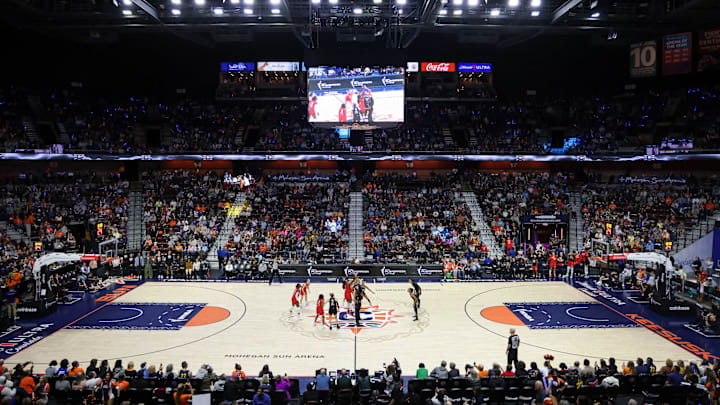 A general view of the tipoff between the Indiana Fever and the Connecticut Sun during game two of the first round of the 2024 WNBA Playoffs at Mohegan Sun Arena. 