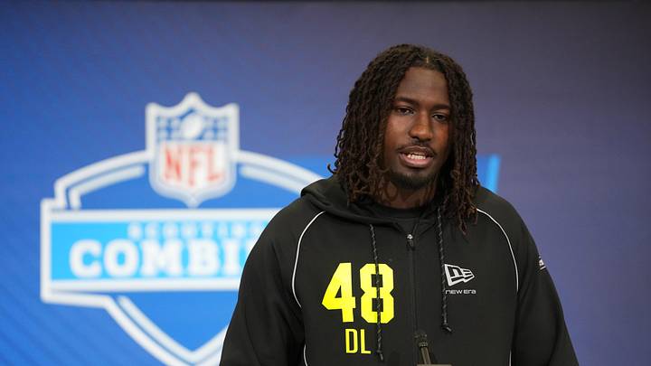 Feb 25, 2026; Indianapolis, IN, USA; UCF defensive lineman Malachi Lawrence (DL48) speaks during the NFL Scouting Combine at the Indiana Convention Center.