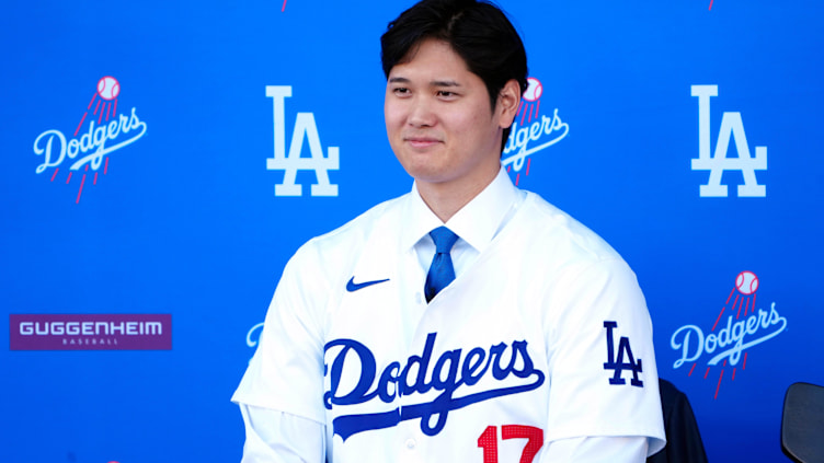 Dec 14, 2023; Los Angeles, CA, USA;  Los Angeles Dodgers player Shohei Ohtani is introduced at a