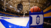 Oct 4, 2024; Durham, NC, USA; Duke Blue Devils basketball holder before the Countdown to Craziness at Cameron Indoor Stadium. Mandatory Credit: Jaylynn Nash-Imagn Images