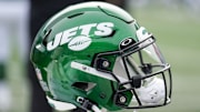 Aug 12, 2023; Charlotte, North Carolina, USA; New York Jets helmet during the second quarter against the Carolina Panthers at Bank of America Stadium. Mandatory Credit: Jim Dedmon-Imagn Images
