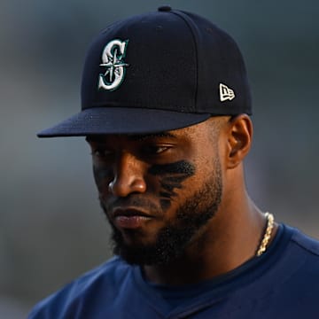 Seattle Mariners outfielder Victor Robles (10) stands on the field before their game against the Oakland Athletics at Oakland-Alameda County Coliseum on Sept 4.