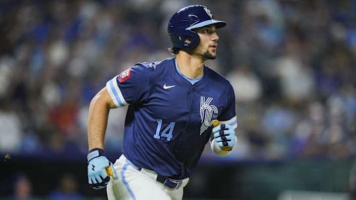 Sep 19, 2025; Kansas City, Missouri, USA; Kansas City Royals right fielder Jac Caglianone (14) rounds the bases after hitting a home run during the seventh inning against the Toronto Blue Jays at Kauffman Stadium. Mandatory Credit: Jay Biggerstaff-Imagn Images