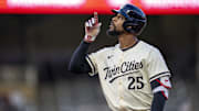 May 7, 2025; Minneapolis, Minnesota, USA; Minnesota Twins center fielder Byron Buxton (25) celebrates hitting a single against the Baltimore Orioles in the fifth inning at Target Field.