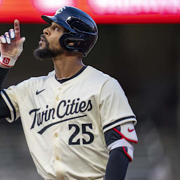 May 7, 2025; Minneapolis, Minnesota, USA; Minnesota Twins center fielder Byron Buxton (25) celebrates hitting a single against the Baltimore Orioles in the fifth inning at Target Field.