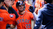 Sep 28, 2025; Anaheim, California, USA; Houston Astros third baseman Ramon Urias (29) is greeted by teammates after hitting a home run during the fifth inning against the Los Angeles Angels at Angel Stadium. Mandatory Credit: William Liang-Imagn Images