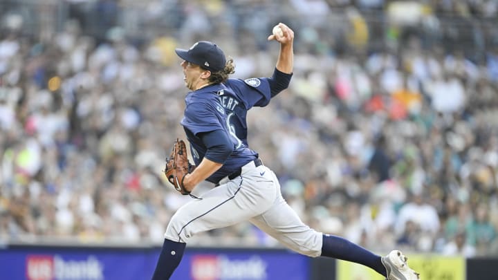 Seattle Mariners starting pitcher Logan Gilbert (36) pitches during the third inning against the San Diego Padres at Petco Park on July 9.