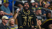 Mar 31, 2024; San Antonio, TX, USA;  A San Antonio Brahmas fan in the second half of the game against the DC Defenders at The Alamodome. Mandatory Credit: Daniel Dunn-Imagn Images