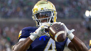 Sep 20, 2025; South Bend, Indiana, USA; Notre Dame Fighting Irish running back Jeremiyah Love (4) celebrates scoring against the Purdue Boilermakers in the second half at Notre Dame Stadium. Mandatory Credit: Michael Caterina-Imagn Images