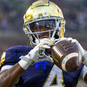 Jeremiyah Love and Notre Dame are favored against Arkansas on Saturday.