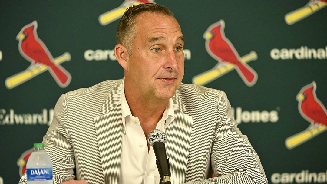 Jul 30, 2023; St. Louis, Missouri, USA;  St. Louis Cardinals president of baseball operations John Mozeliak talks with the media after the Cardinals traded relief pitcher Jordan Hicks (not pictured) starting pitcher Jordan Montgomery (not pictured) and relief pitcher Chris Stratton (not pictured) at Busch Stadium. Mandatory Credit: Jeff Curry-Imagn Images