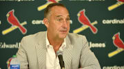 Jul 30, 2023; St. Louis, Missouri, USA;  St. Louis Cardinals president of baseball operations John Mozeliak talks with the media after the Cardinals traded relief pitcher Jordan Hicks (not pictured) starting pitcher Jordan Montgomery (not pictured) and relief pitcher Chris Stratton (not pictured) at Busch Stadium. Mandatory Credit: Jeff Curry-USA TODAY Sports