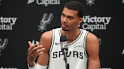 Sep 29, 2025; San Antonio, TX, USA; San Antonio Spurs forward-center Victor Wembanyama (1) answers questions from the media during Media Day at Victory Capital Performance Center in San Antonio. Mandatory Credit: Scott Wachter-Imagn Images