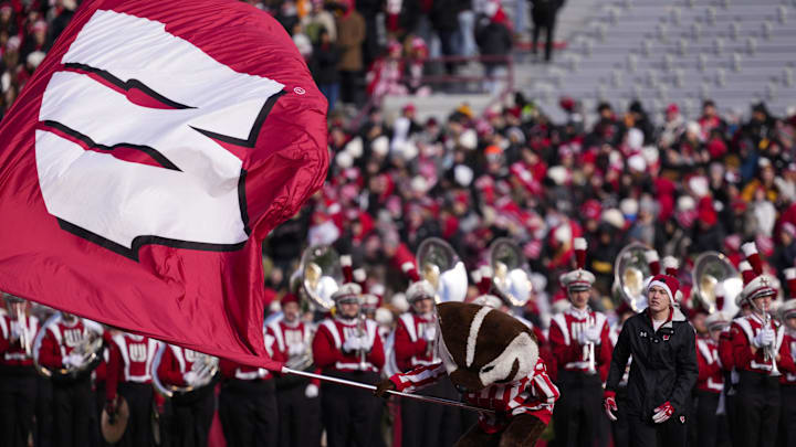 Nov 29, 2024; Madison, Wisconsin, USA;  Wisconsin Badgers mascot Bucky Badger performs prior to the game against the Minnesota Golden Gophers at Camp Randall Stadium. Mandatory Credit: Jeff Hanisch-Imagn Images