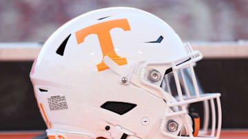 Oct 5, 2024; Fayetteville, Arkansas, USA; General view of a Tennessee Volunteers helmet prior to the game against the Arkansas Razorbacks at Donald W. Reynolds Razorback Stadium. Mandatory Credit: Nelson Chenault-Imagn Images