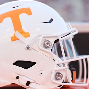 Oct 5, 2024; Fayetteville, Arkansas, USA; General view of a Tennessee Volunteers helmet prior to the game against the Arkansas Razorbacks at Donald W. Reynolds Razorback Stadium. Mandatory Credit: Nelson Chenault-Imagn Images