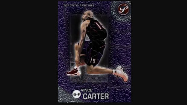 Topps Pristine card of Vince Carter in position for one of his famous slam dunks