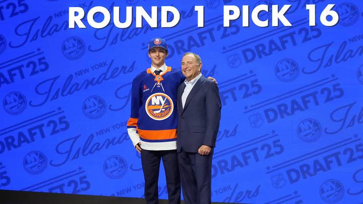 Jun 27, 2025; Los Angeles, California, USA; Victor Eklund is selected as the 16th overall pick to the New York Islanders in the first round of the 2025 NHL Draft at Peacock Theater. Mandatory Credit: Kirby Lee-Imagn Images Jun 27, 2025; Los Angeles, California, USA; Victor Eklund is selected as the 16th overall pick to the New York Islanders in the first round of the 2025 NHL Draft at Peacock Theater. Mandatory Credit: Kirby Lee-Imagn Images