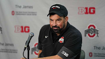 Oct 18, 2025; Madison, Wisconsin, USA;  Ohio State Buckeyes head coach Ryan Day following the game against the Wisconsin Badgers at Camp Randall Stadium. Mandatory Credit: Jeff Hanisch-Imagn Images