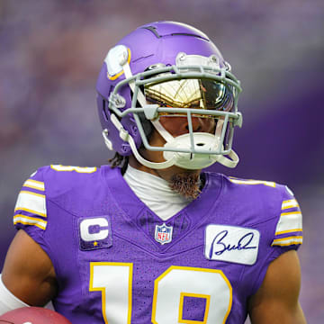 Sep 10, 2023; Minneapolis, Minnesota, USA; Minnesota Vikings wide receiver Justin Jefferson (18) warms up before the game against the Tampa Bay Buccaneers at U.S. Bank Stadium. Mandatory Credit: Brad Rempel-Imagn Images