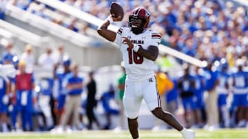 Sep 7, 2024; Lexington, Kentucky, USA; South Carolina Gamecocks quarterback LaNorris Sellers (16) throws a pass during the first quarter against the Kentucky Wildcats at Kroger Field. Mandatory Credit: Jordan Prather-Imagn Images