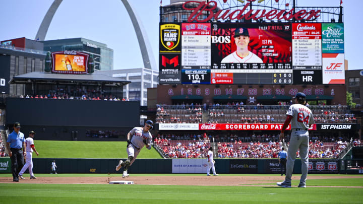 May 19, 2024; St. Louis, Missouri, USA;  Boston Red Sox designated hitter Tyler O'Neill (17) reacts as he runs the bases after hitting a solo home run against the St. Louis Cardinals during the first inning at Busch Stadium. Mandatory Credit: Jeff Curry-USA TODAY Sports