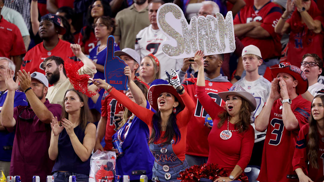 Nov 20, 2025; Houston, Texas, USA; Fans cheer in the second half between the Houston Texans and the Buffalo Bills at NRG Stadium. Mandatory Credit: Troy Taormina-Imagn Images