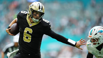 Nov 30, 2025; Miami Gardens, Florida, USA; New Orleans Saints quarterback Tyler Shough (6) carried the ball against the Miami Dolphins during the second half at Hard Rock Stadium. Mandatory Credit: Rich Storry-Imagn Images